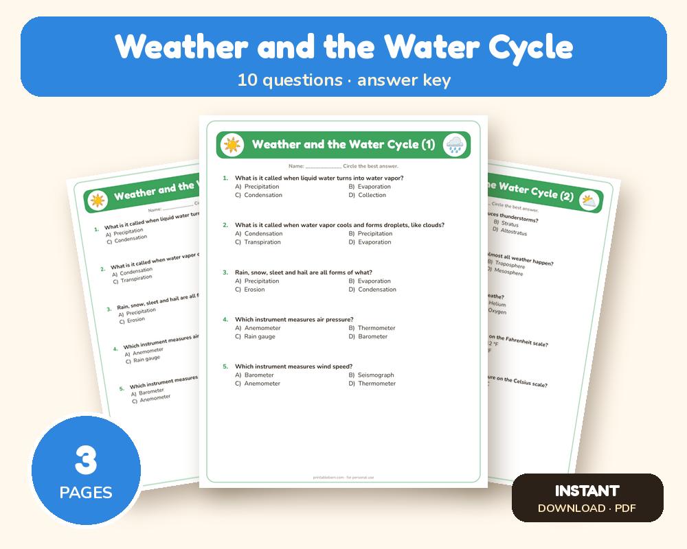 Weather and the Water Cycle Quiz Worksheet (Printable, with Answer Key)