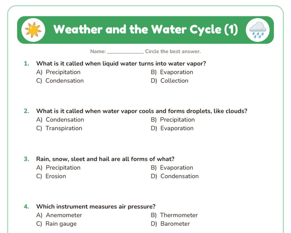 Free printable Weather and the Water Cycle Quiz sample page