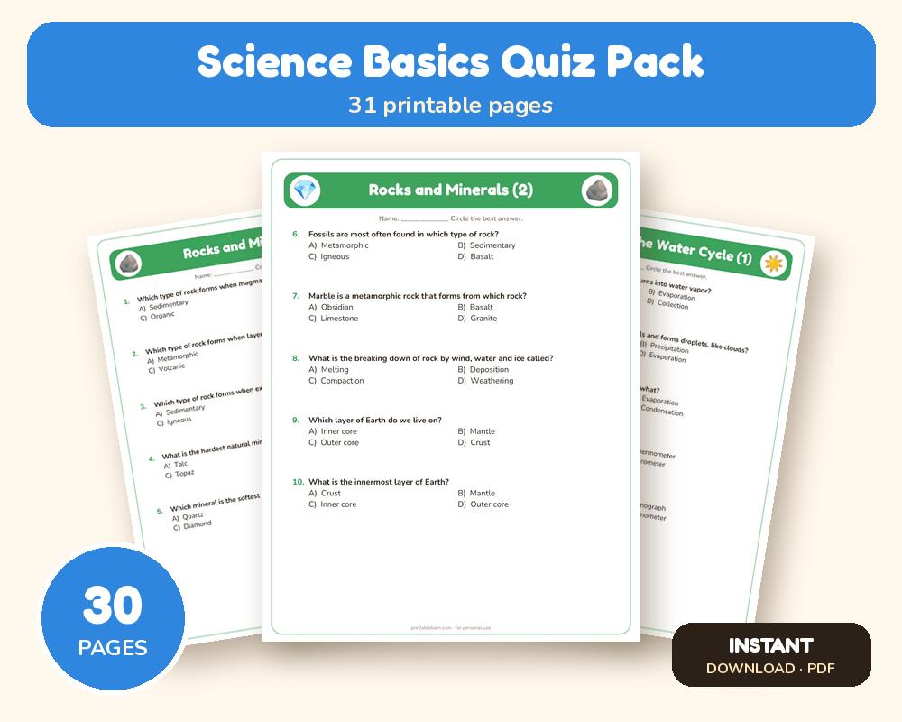 Science Basics Quiz Pack: 10 Printable Quiz Worksheets (100 Questions + Answer Key)