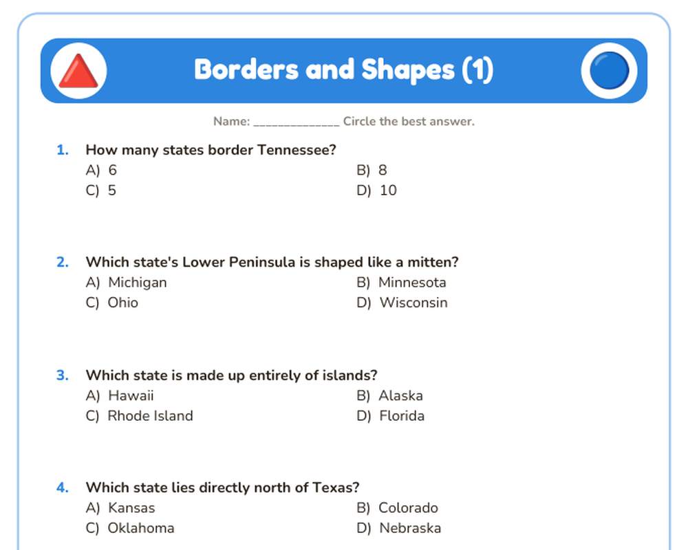 Free printable Borders and Shapes Quiz sample page