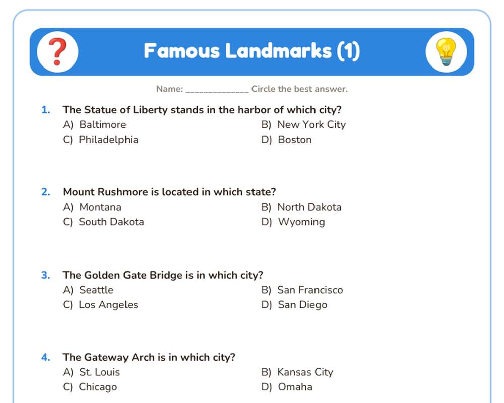 Free printable Famous Landmarks Quiz sample page