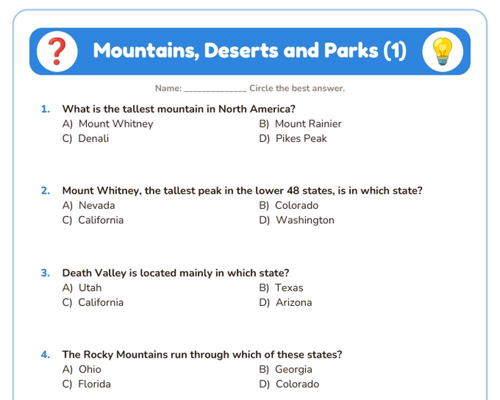 Free printable Mountains, Deserts and Parks Quiz sample page