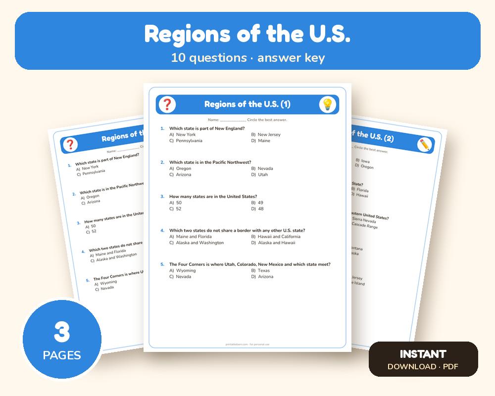 Regions of the U.S. Quiz Worksheet (Printable, with Answer Key) printable preview 1