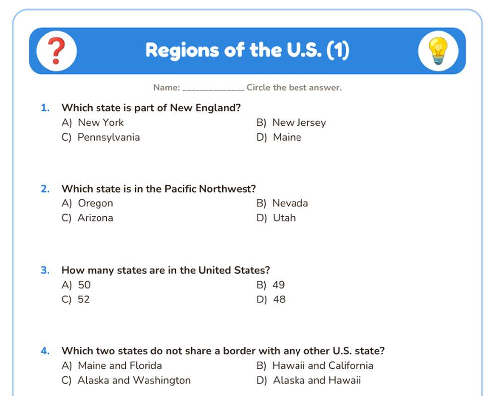 Free printable Regions of the U.S. Quiz sample page