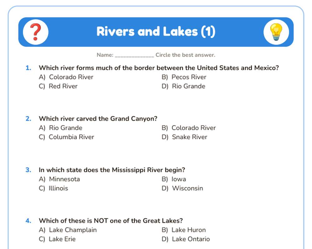 Free printable Rivers and Lakes Quiz sample page