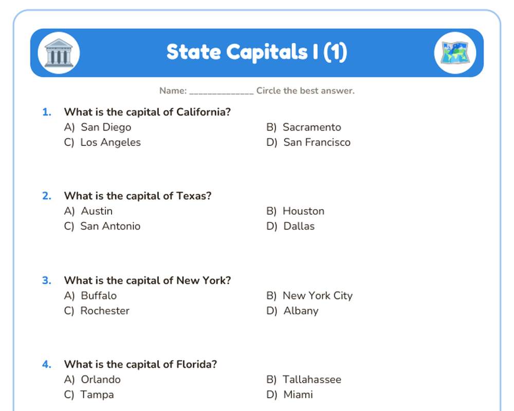 Free printable State Capitals I Quiz sample page