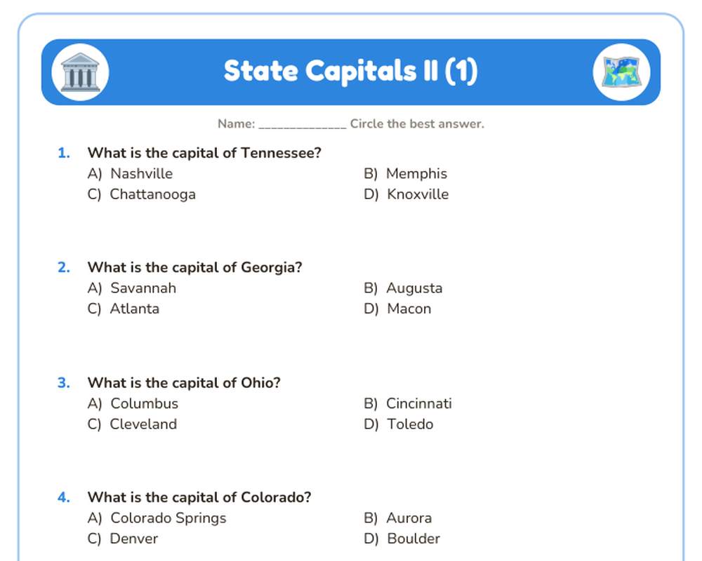 Free printable State Capitals II Quiz sample page