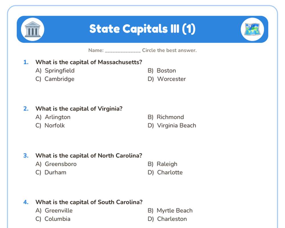Free printable State Capitals III Quiz sample page