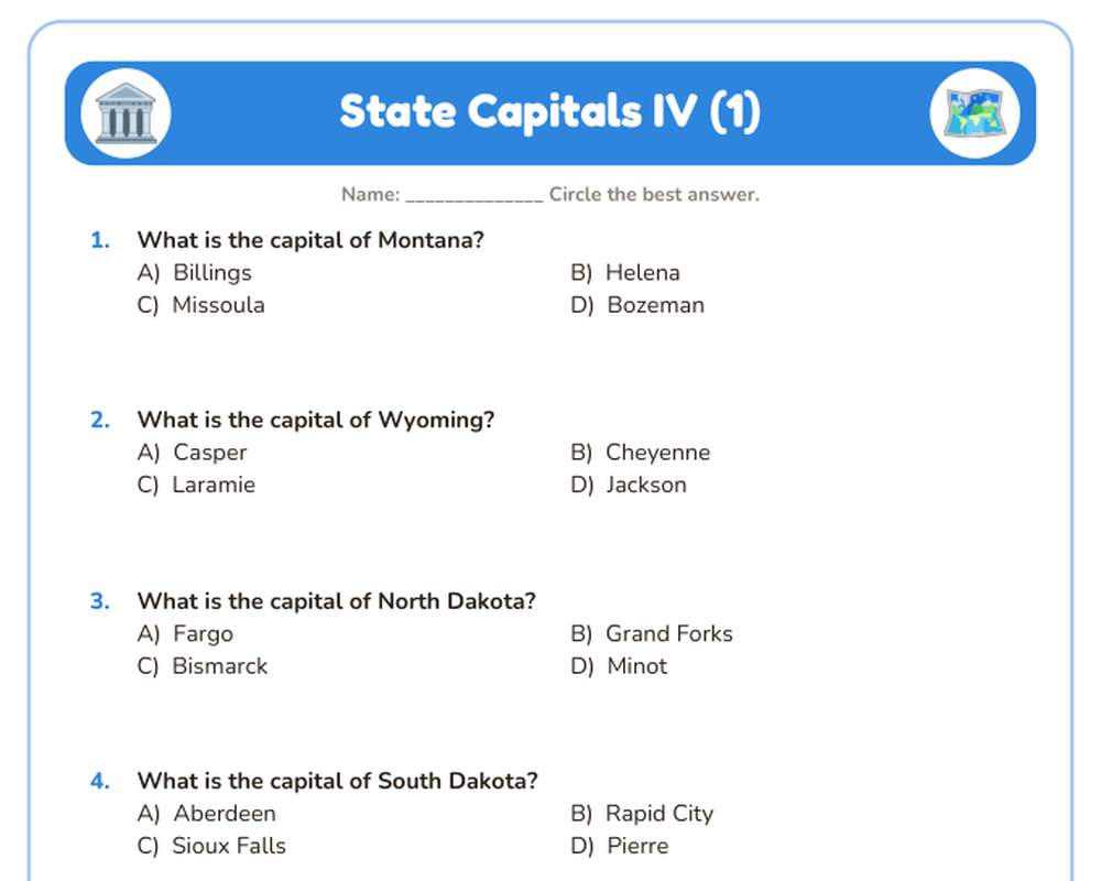 Free printable State Capitals IV Quiz sample page