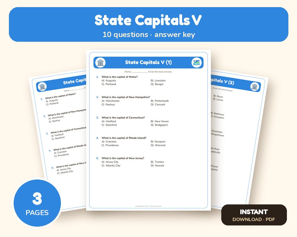 State Capitals V Quiz Worksheet (Printable, with Answer Key)