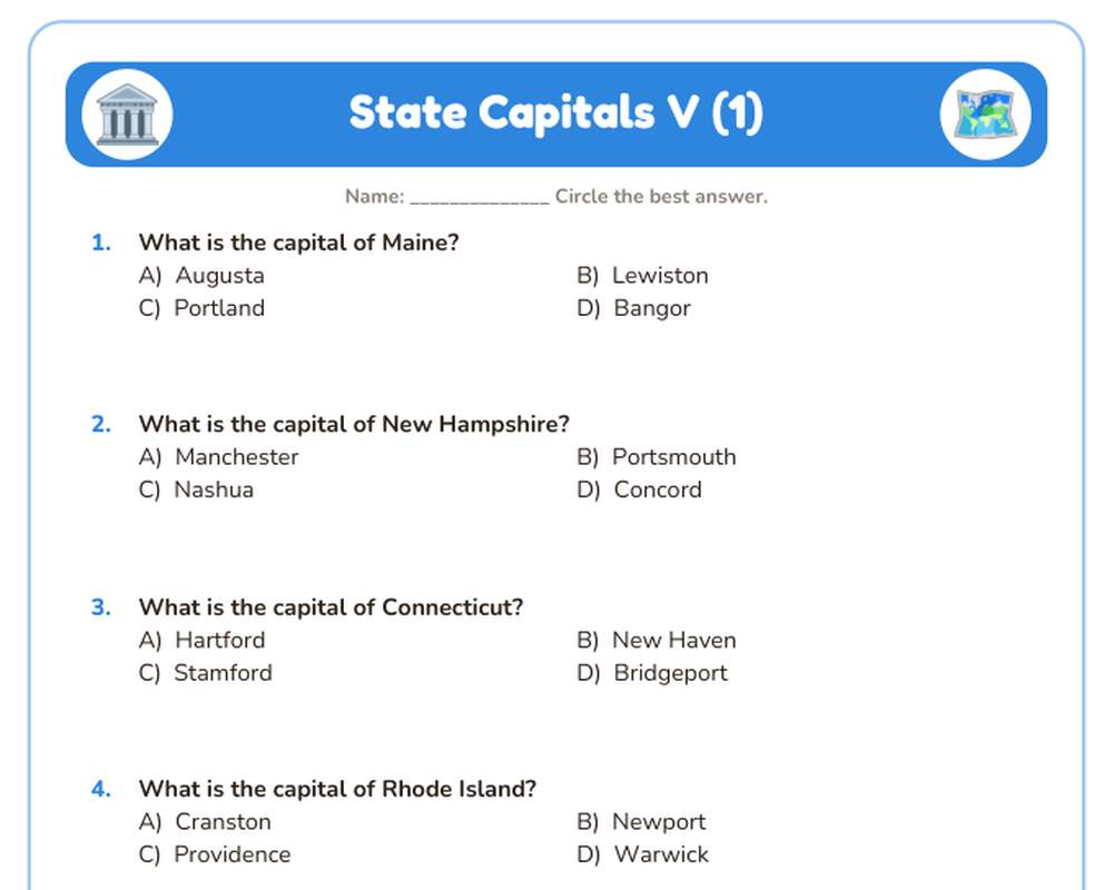 Free printable State Capitals V Quiz sample page