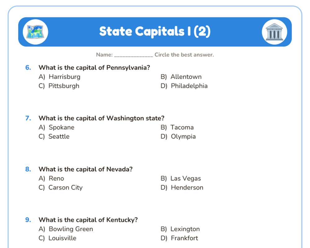 Free printable U.S. Geography Quiz Pack sample page