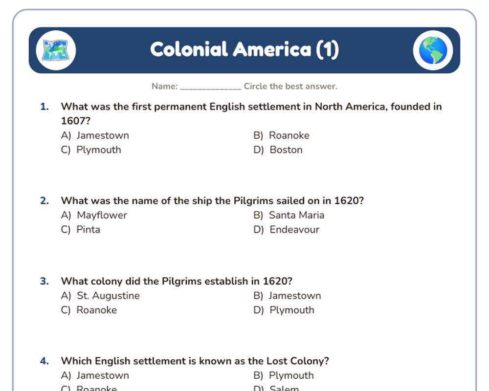 Free printable Colonial America Quiz sample page