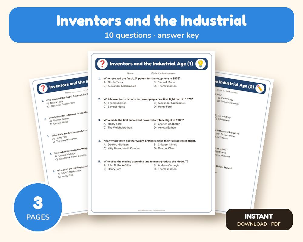 Inventors and the Industrial Age Quiz Worksheet (Printable, with Answer Key) printable preview 1