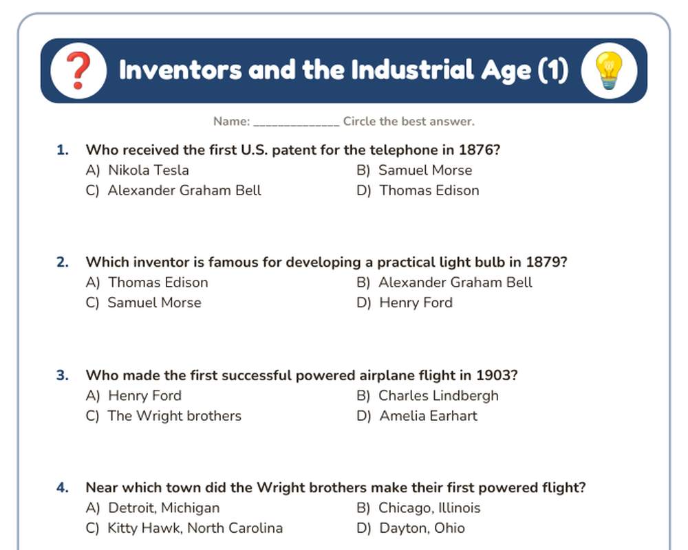 Free printable Inventors and the Industrial Age Quiz sample page