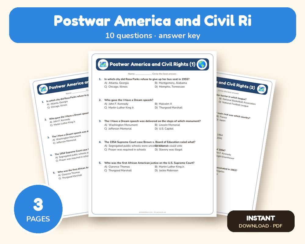 Postwar America and Civil Rights Quiz Worksheet (Printable, with Answer Key) printable preview 1