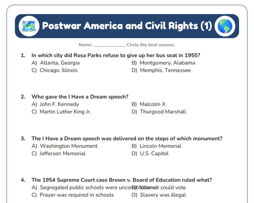 Free printable Postwar America and Civil Rights Quiz sample page
