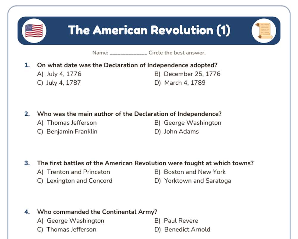 Free printable The American Revolution Quiz sample page