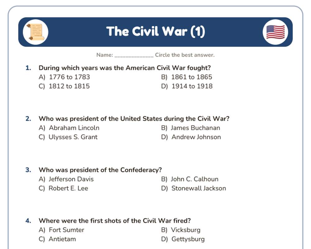 Free printable The Civil War Quiz sample page