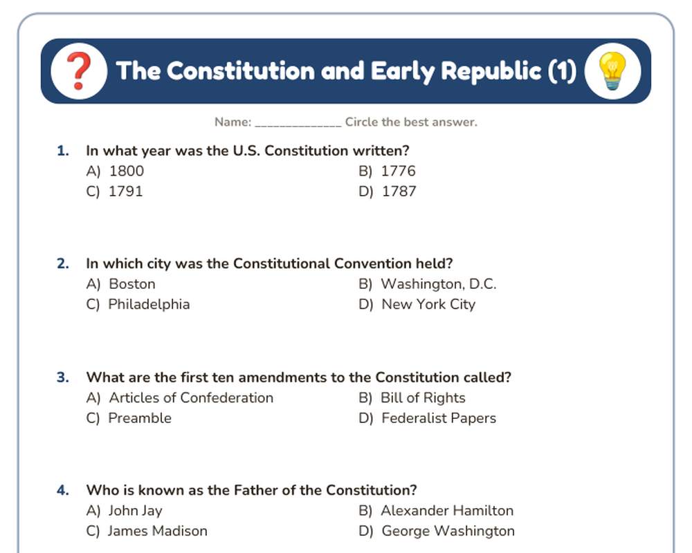 Free printable The Constitution and Early Republic Quiz sample page