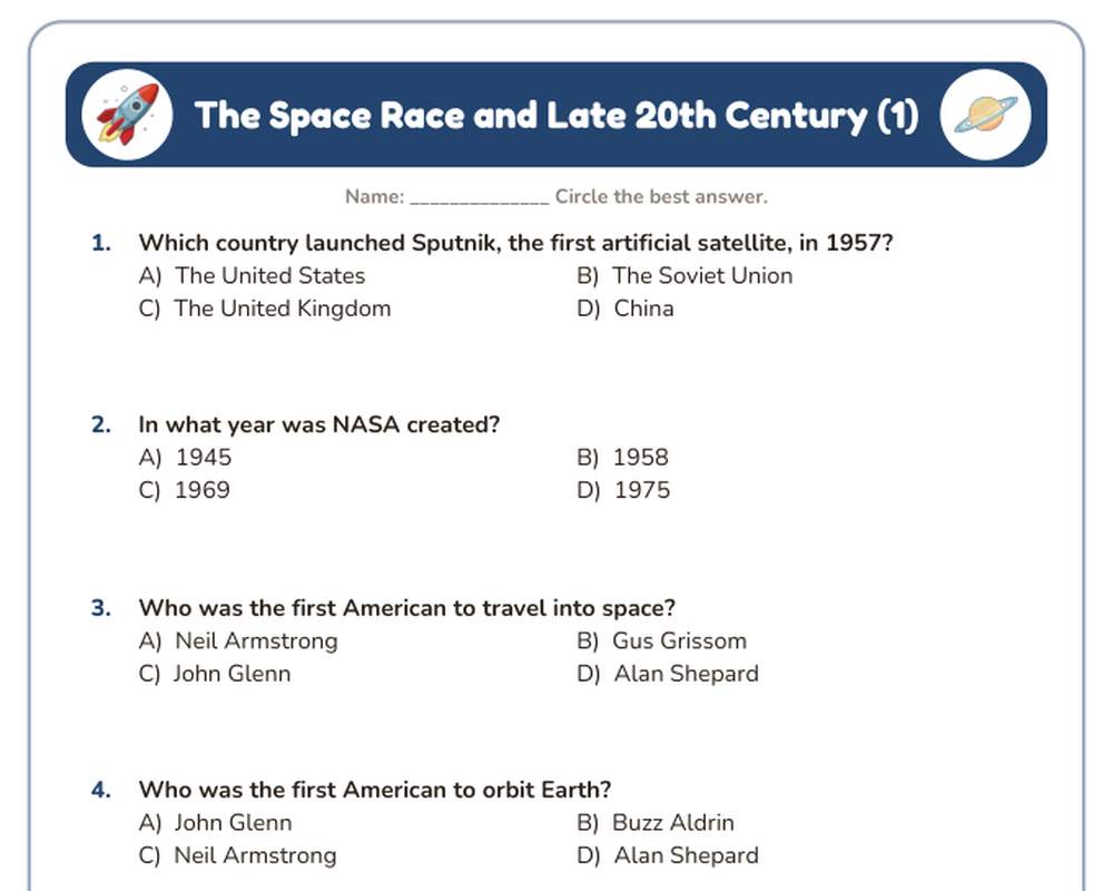 Free printable The Space Race and Late 20th Century Quiz sample page