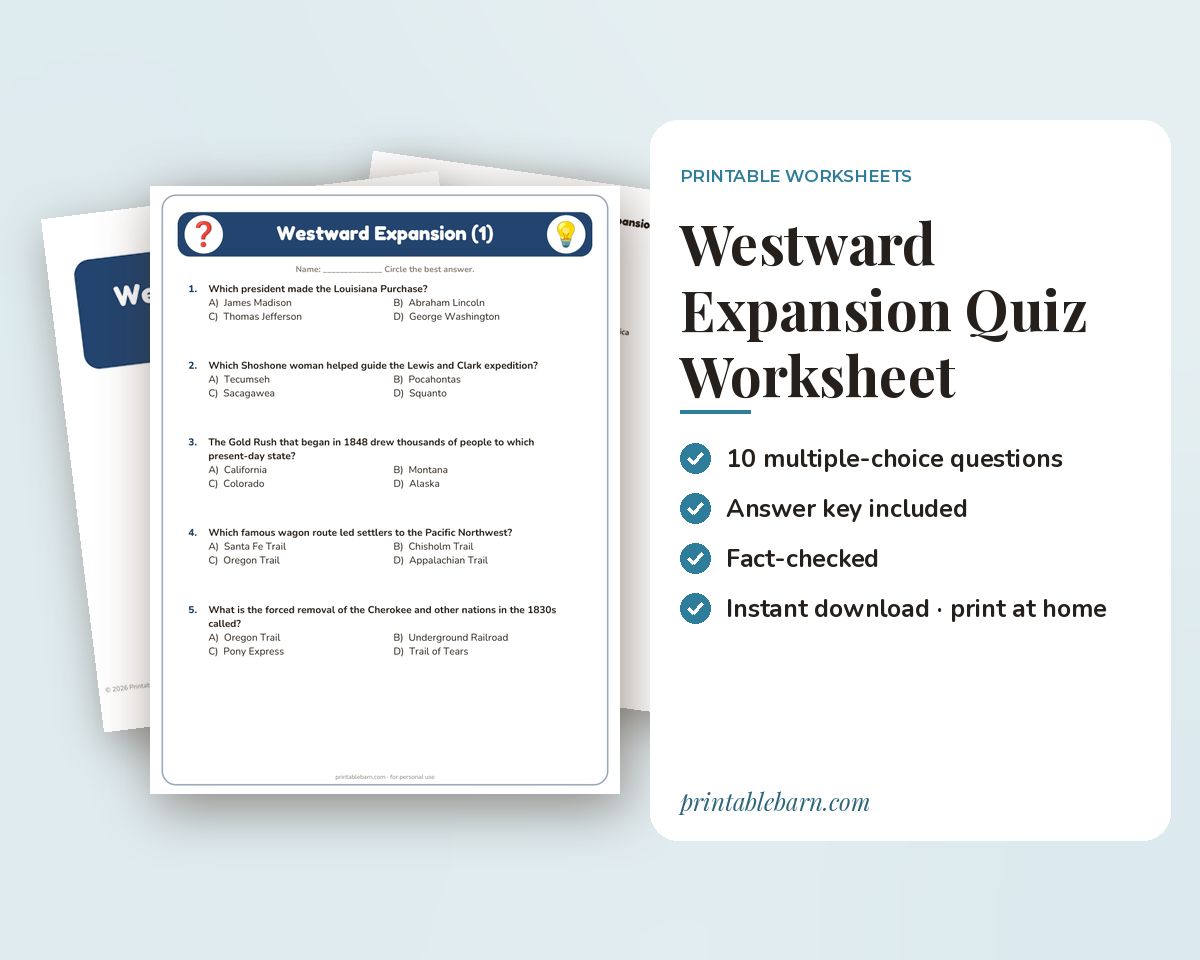 Westward Expansion Quiz Worksheet (Printable, with Answer Key) printable preview 1