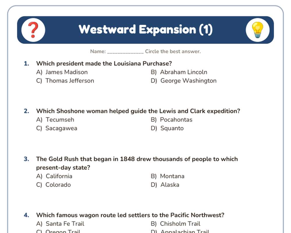 Free printable Westward Expansion Quiz sample page