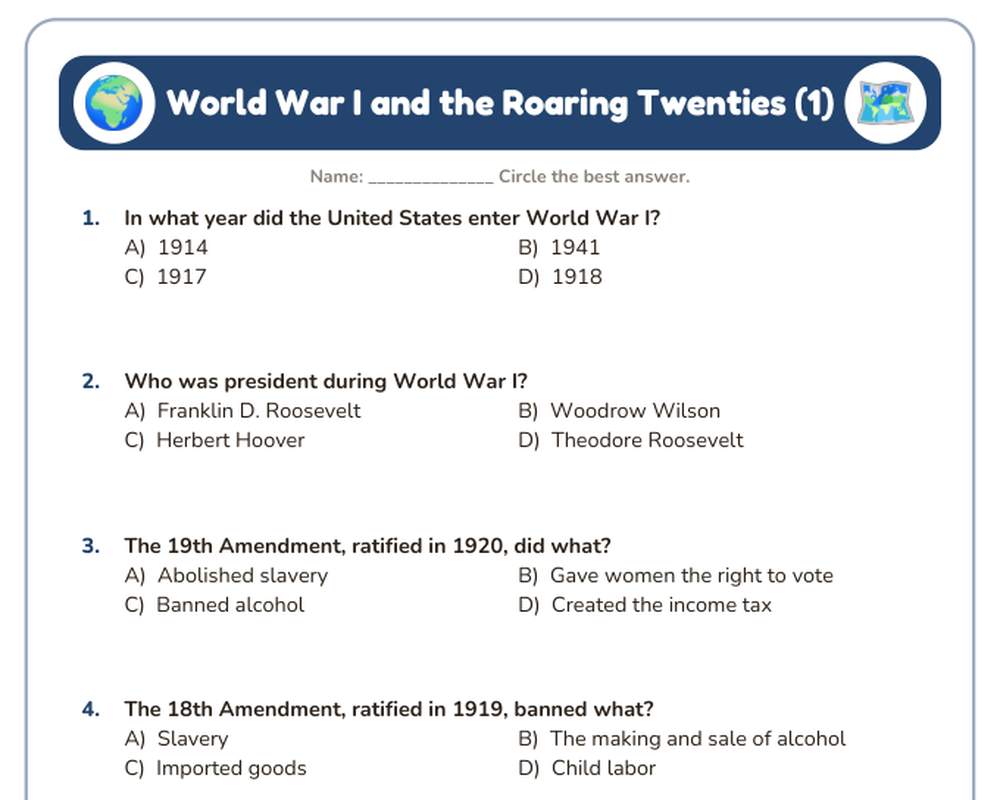 Free printable World War I and the Roaring Twenties Quiz sample page