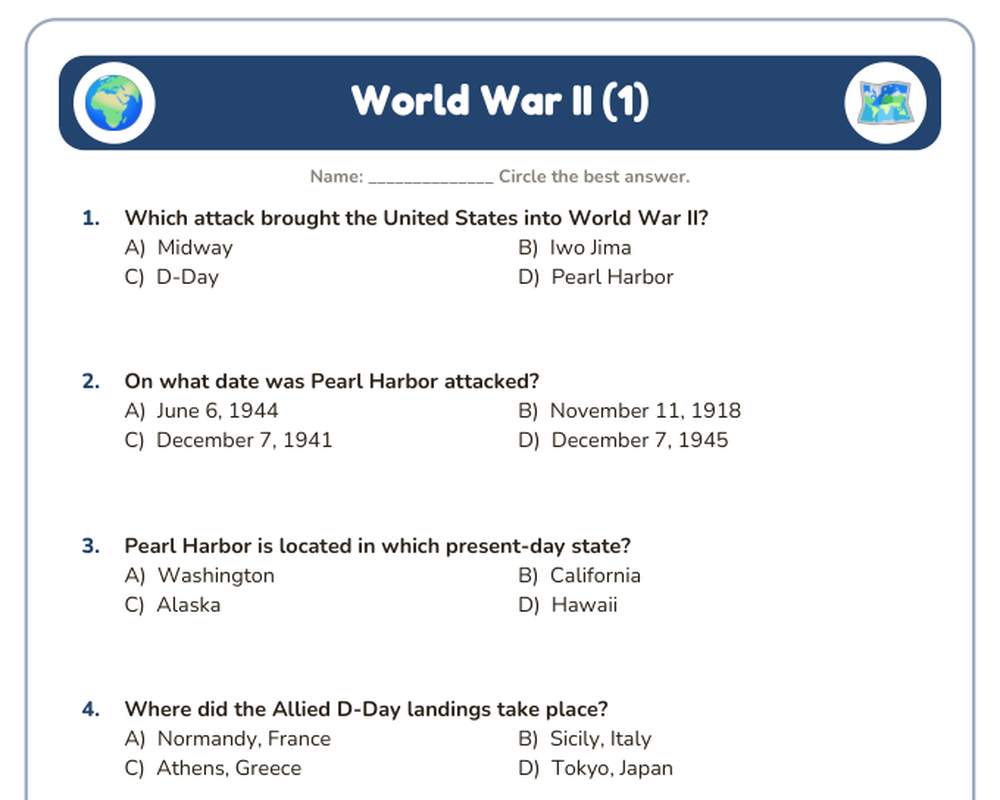 Free printable World War II Quiz sample page