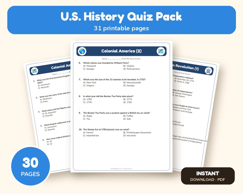 U.S. History Quiz Pack: 10 Printable Quiz Worksheets (100 Questions + Answer Key)