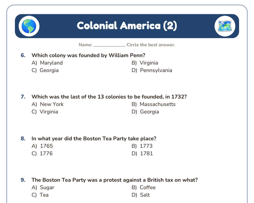 Free printable U.S. History Quiz Pack sample page