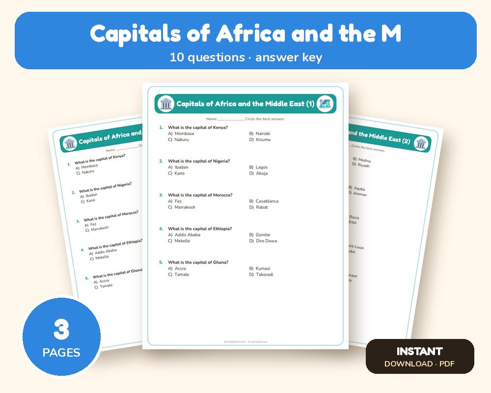 Capitals of Africa and the Middle East Quiz Worksheet (Printable, with Answer Key)