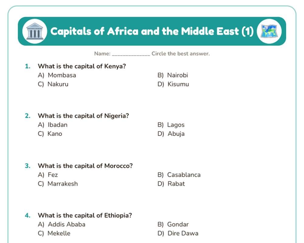 Free printable Capitals of Africa and the Middle East Quiz sample page