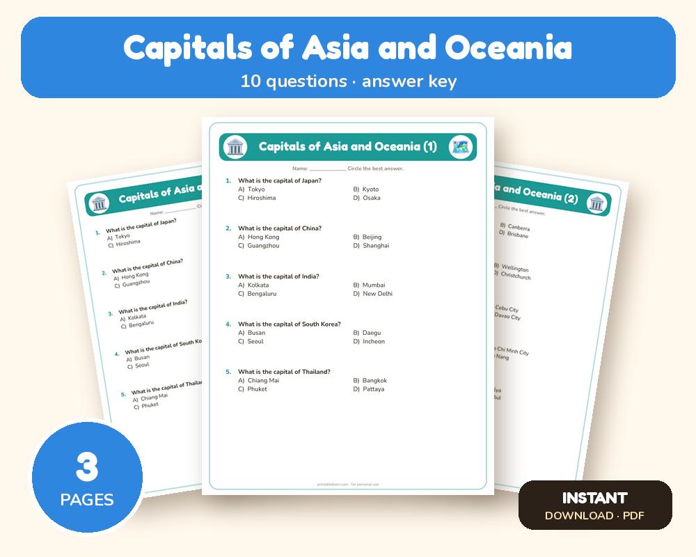 Capitals of Asia and Oceania Quiz Worksheet (Printable, with Answer Key)