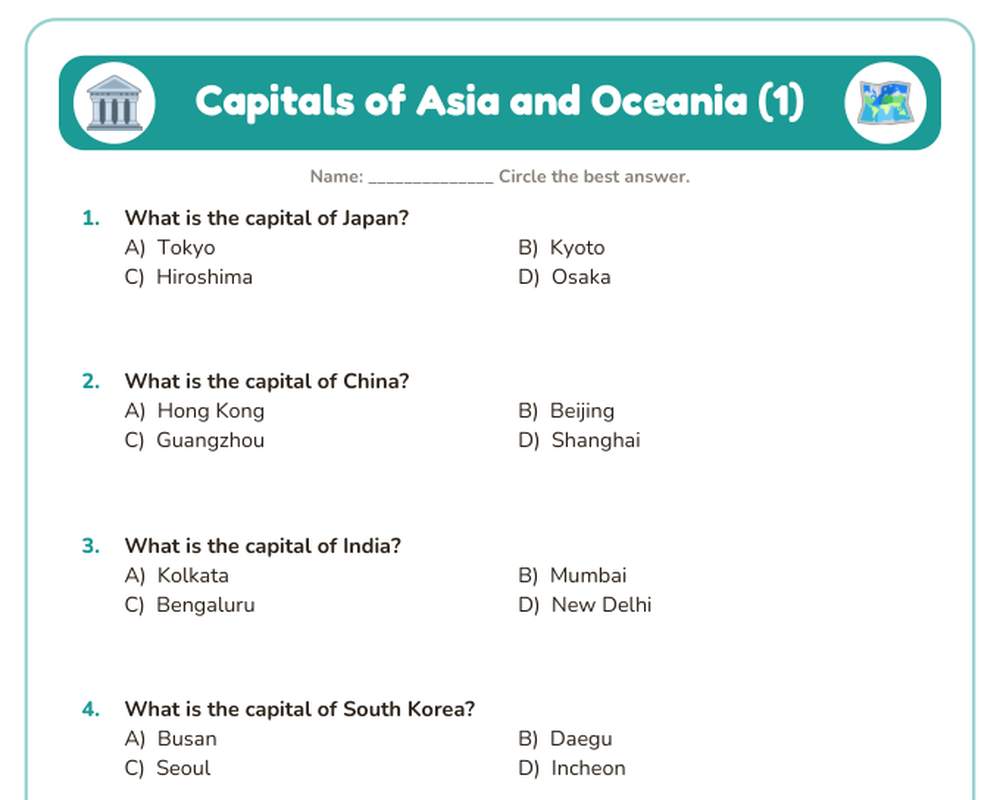 Capitals of Asia and Oceania Quiz Worksheet (Printable, with Answer Key) printable preview 2