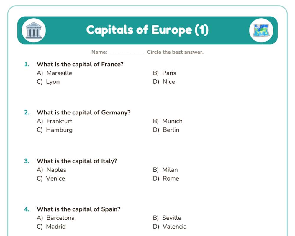 Capitals of Europe Quiz Worksheet (Printable, with Answer Key) printable preview 2