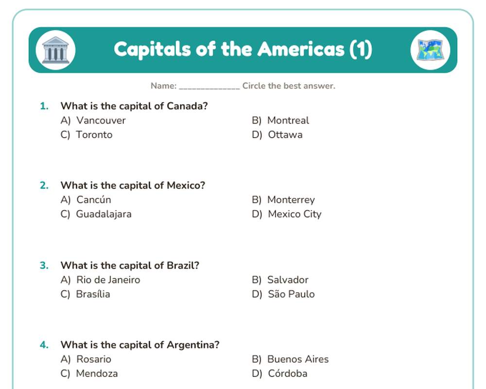 Capitals of the Americas Quiz Worksheet (Printable, with Answer Key) printable preview 2