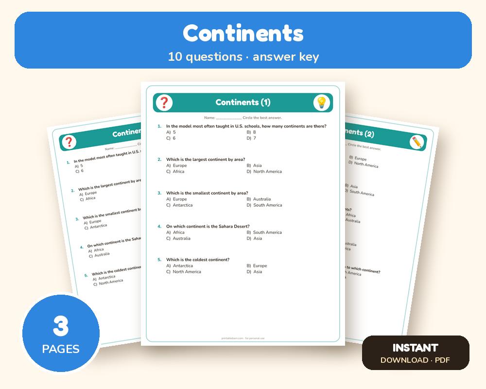 Continents Quiz Worksheet (Printable, with Answer Key)