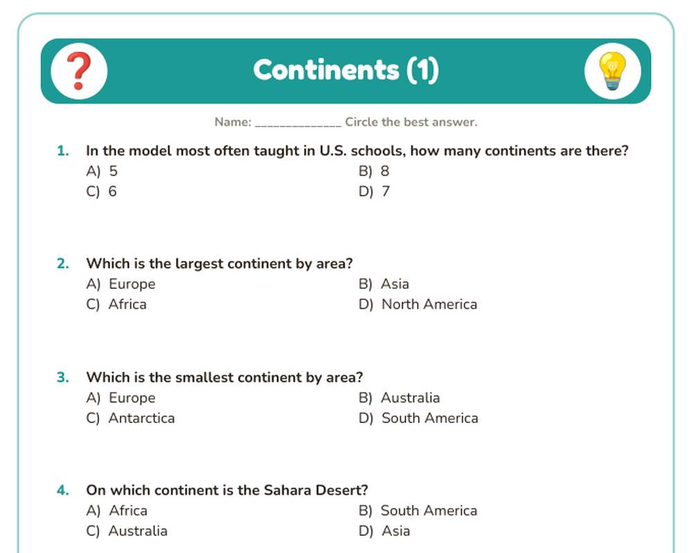Continents Quiz Worksheet (Printable, with Answer Key) printable preview 2