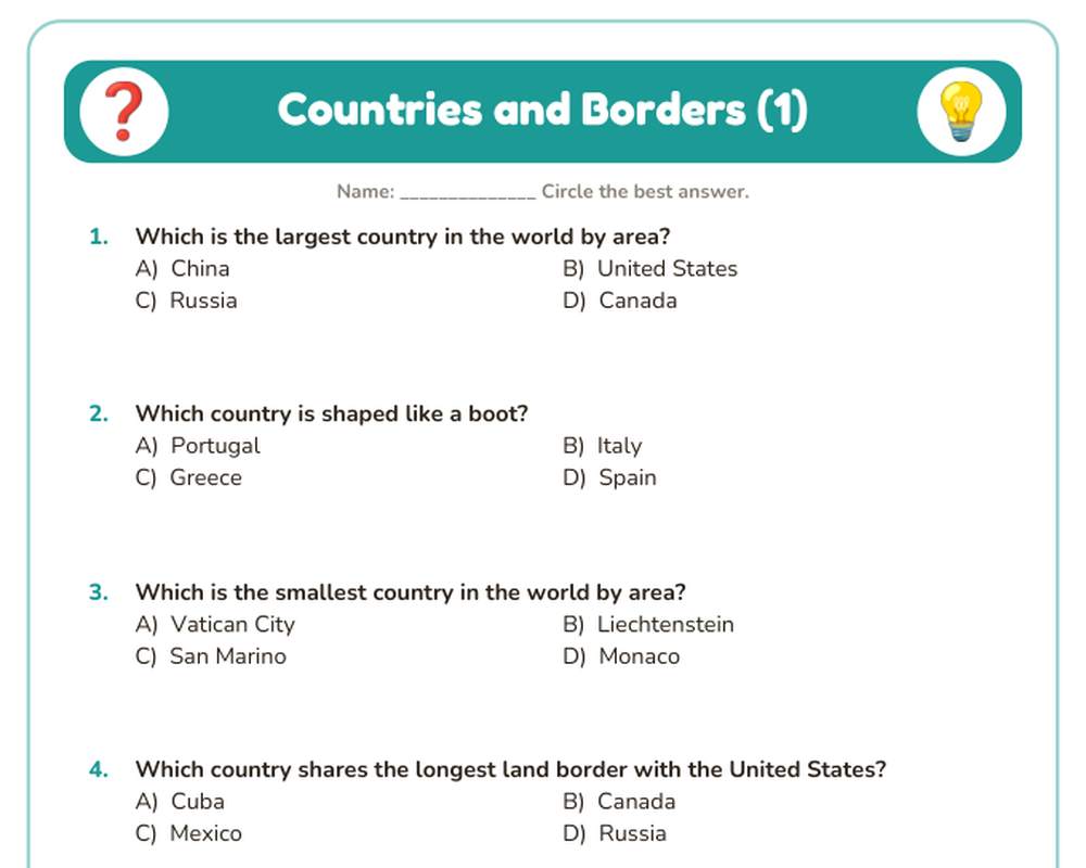 Free printable Countries and Borders Quiz sample page