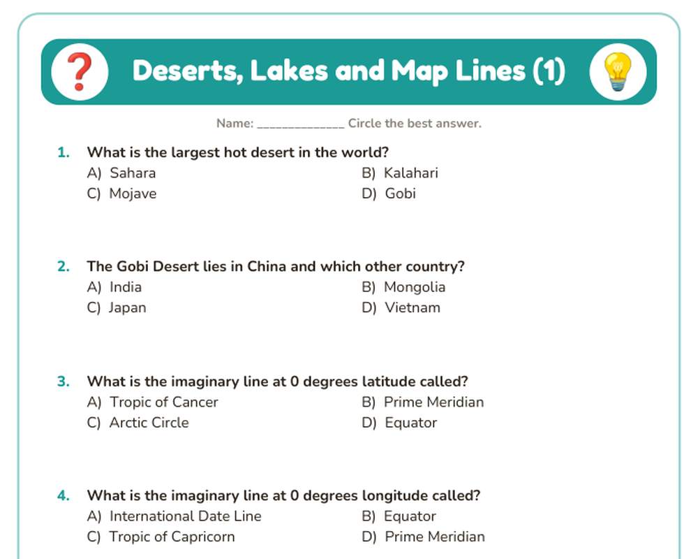 Free printable Deserts, Lakes and Map Lines Quiz sample page