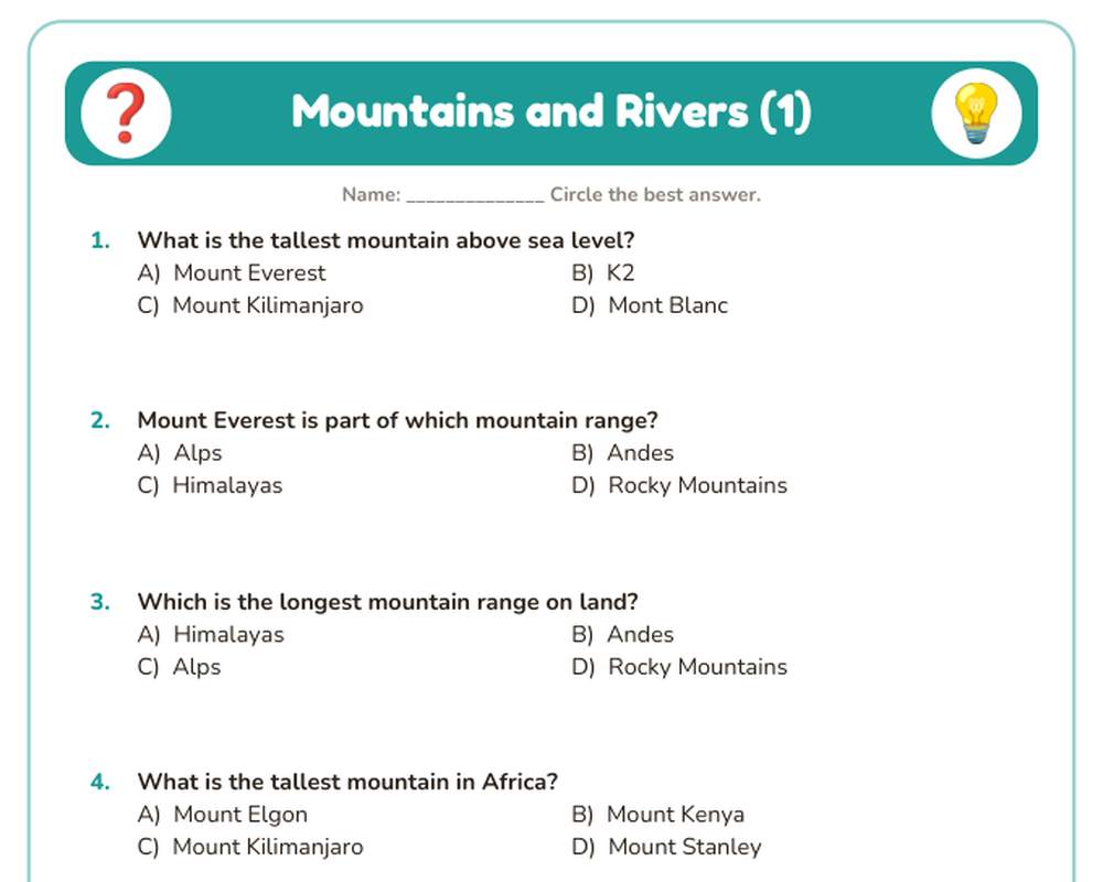 Free printable Mountains and Rivers Quiz sample page