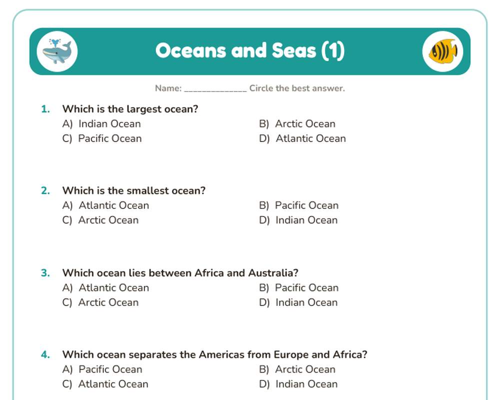 Free printable Oceans and Seas Quiz sample page