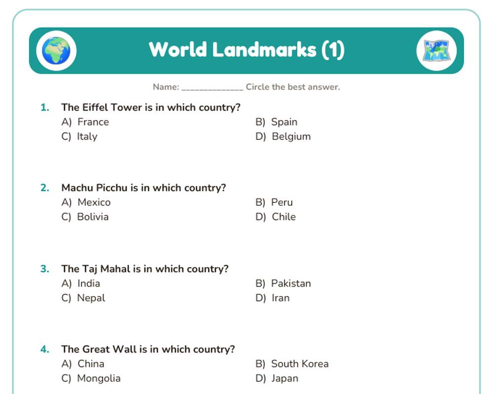 Free printable World Landmarks Quiz sample page