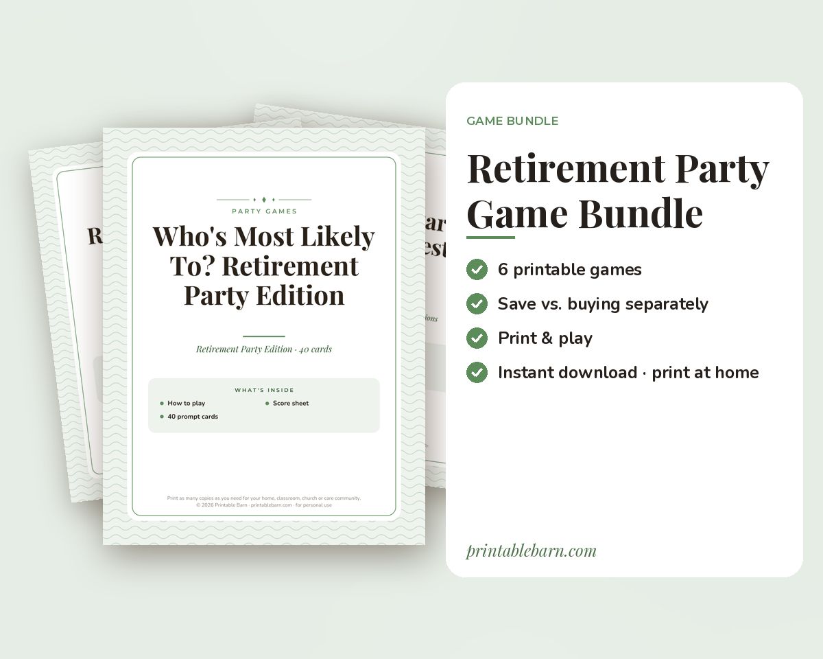 Retirement Party Games Bundle: 6 Printable Party Games (Would You Rather, Most Likely To, Find the Guest & More) printable preview 1