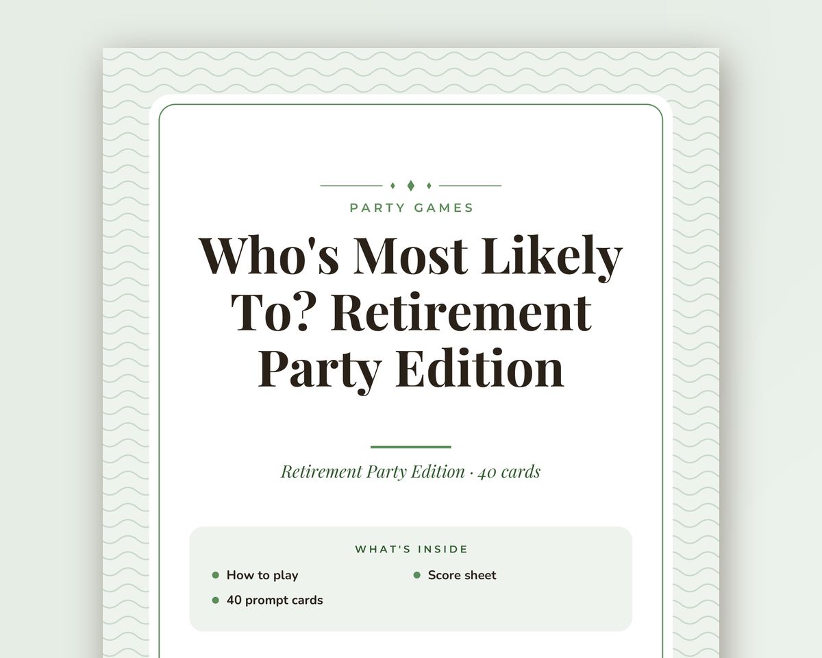 Retirement Party Games Bundle: 6 Printable Party Games (Would You Rather, Most Likely To, Find the Guest & More) printable preview 2