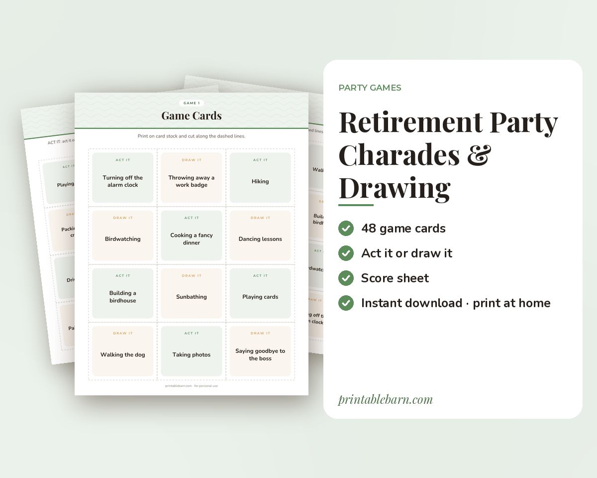 Retirement Party Charades & Drawing Game: 48 Printable Act It / Draw It Cards