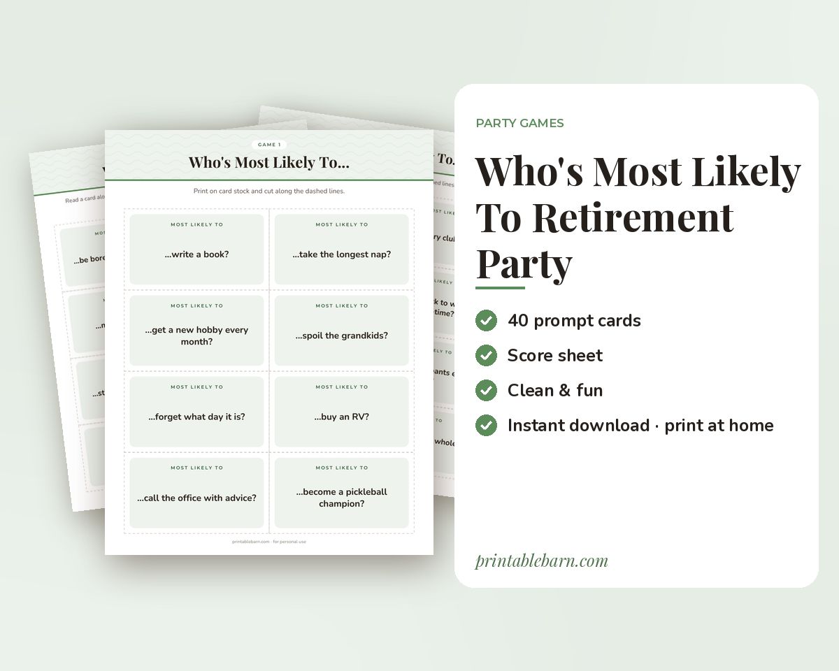 Who's Most Likely To: Retirement Party Edition, 40 Printable Game Cards