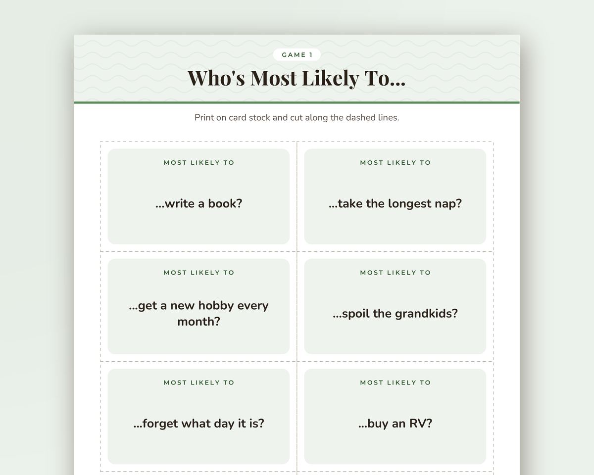 Who's Most Likely To: Retirement Party Edition, 40 Printable Game Cards printable preview 2