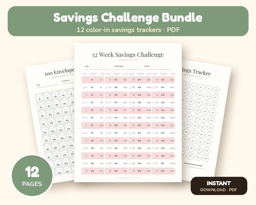 Savings Challenge Printable Bundle: 100 Envelope, 52 Week & Color-In Savings Trackers